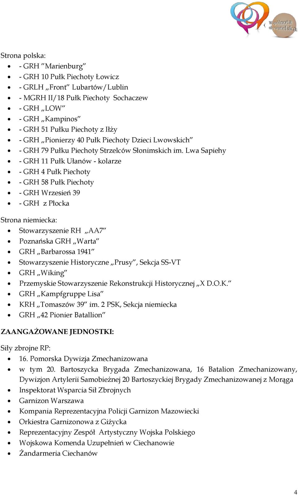 Lwa Sapiehy - GRH 11 Pułk Ułanów - kolarze - GRH 4 Pułk Piechoty - GRH 58 Pułk Piechoty - GRH Wrzesień 39 - GRH z Płocka Strona niemiecka: Stowarzyszenie RH AA7 Poznańska GRH Warta GRH Barbarossa