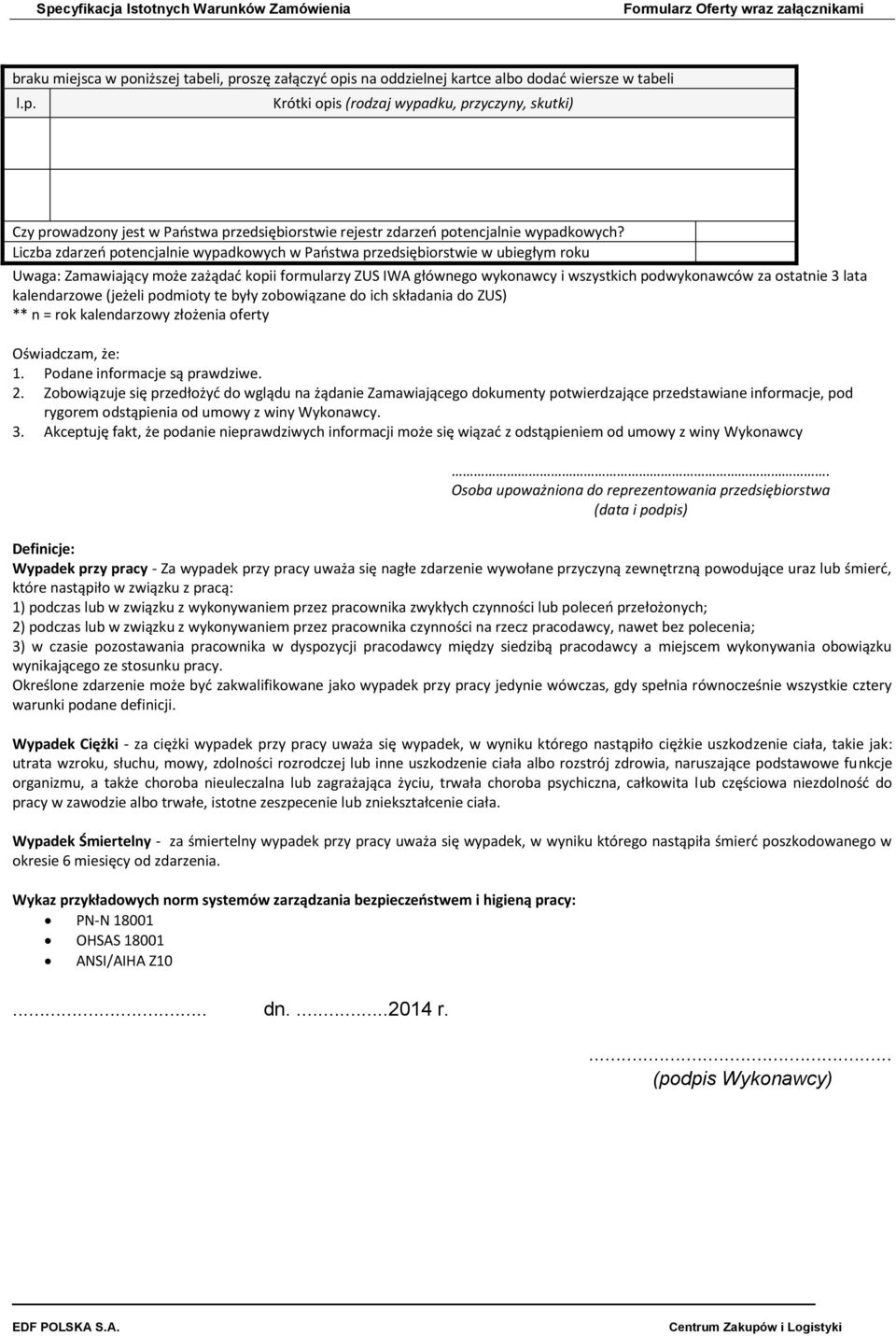 3 lata kalendarzowe (jeżeli podmioty te były zobowiązane do ich składania do ZUS) ** n = rok kalendarzowy złożenia oferty Oświadczam, że: 1. Podane informacje są prawdziwe. 2.