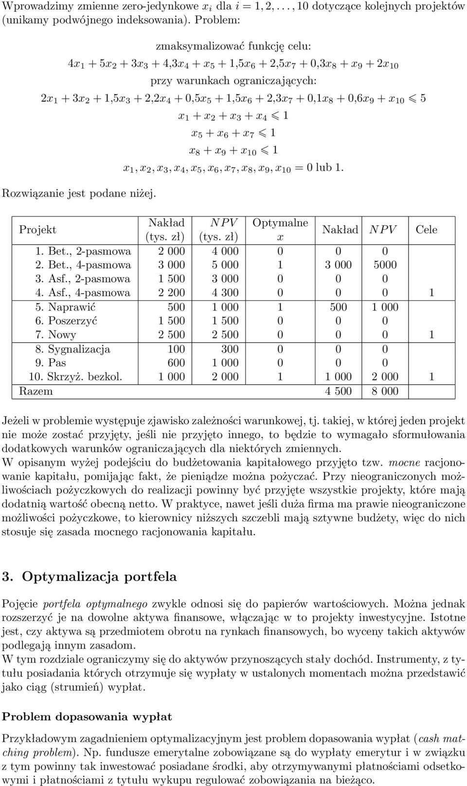 Rozwiązanie jest podane niżej. x 1 + x 2 + x 3 + x 4 1 x 5 + x 6 + x 7 1 x 8 + x 9 + x 10 1 x 1, x 2, x 3, x 4, x 5, x 6, x 7, x 8, x 9, x 10 = 0 lub 1. Projekt Nakład N P V Optymalne (tys. zł) (tys.