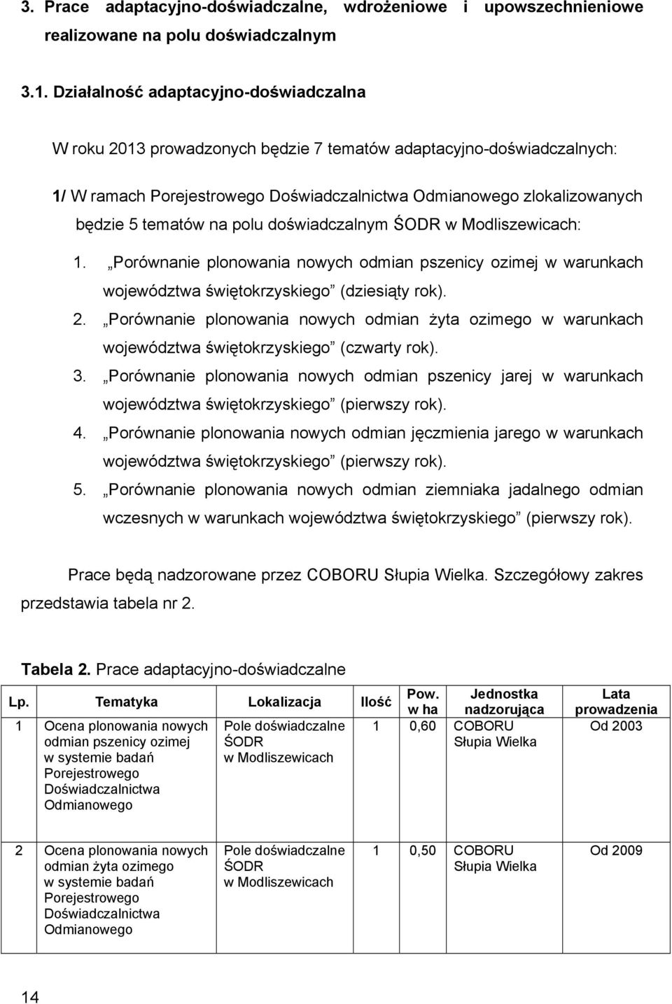 na polu doświadczalnym ŚODR w Modliszewicach: 1. Porównanie plonowania nowych odmian pszenicy ozimej w warunkach województwa świętokrzyskiego (dziesiąty rok). 2.