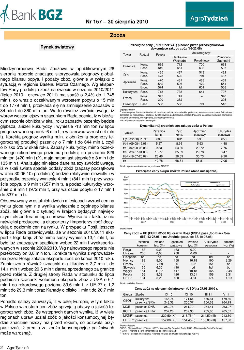 Wg ekspertów Rady produkcja zbóż na świecie w sezonie 2010/2011 (lipiec 2010 - czerwiec 2011) ma spaść o 2,4% do 1 745 mln t, co wraz z oczekiwanym wzrostem popytu o 15 mln t do 1779 mln t, przekłada