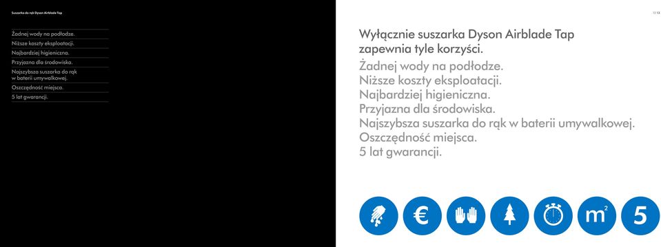 Wyłącznie suszarka Dyson Airblade Tap zapewnia tyle korzyści. Żadnej wody na podłodze. Niższe koszty eksploatacji.