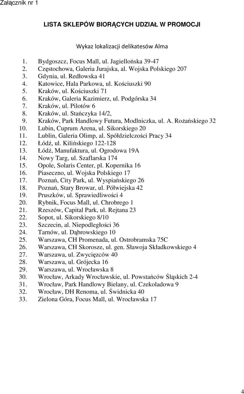 Kraków, ul. Stańczyka 14/2, 9. Kraków, Park Handlowy Futura, Modlniczka, ul. A. RoŜańskiego 32 10. Lubin, Cuprum Arena, ul. Sikorskiego 20 11. Lublin, Galeria Olimp, al. Spółdzielczości Pracy 34 12.