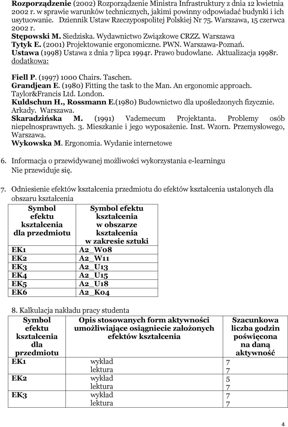 Ustawa (1998) Ustawa z dnia lipca 199r. Prawo budowlane. Aktualizacja 1998r. dodatkowa: Fiell P. (199) 1000 Chairs. Taschen. Grandjean E. (1980) Fitting the task to the Man. An ergonomic approach.