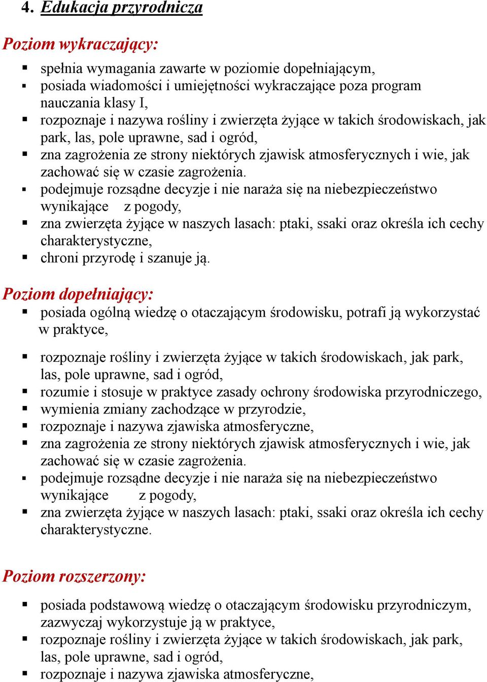 podejmuje rozsądne decyzje i nie naraża się na niebezpieczeństwo wynikające z pogody, zna zwierzęta żyjące w naszych lasach: ptaki, ssaki oraz określa ich cechy charakterystyczne, chroni przyrodę i