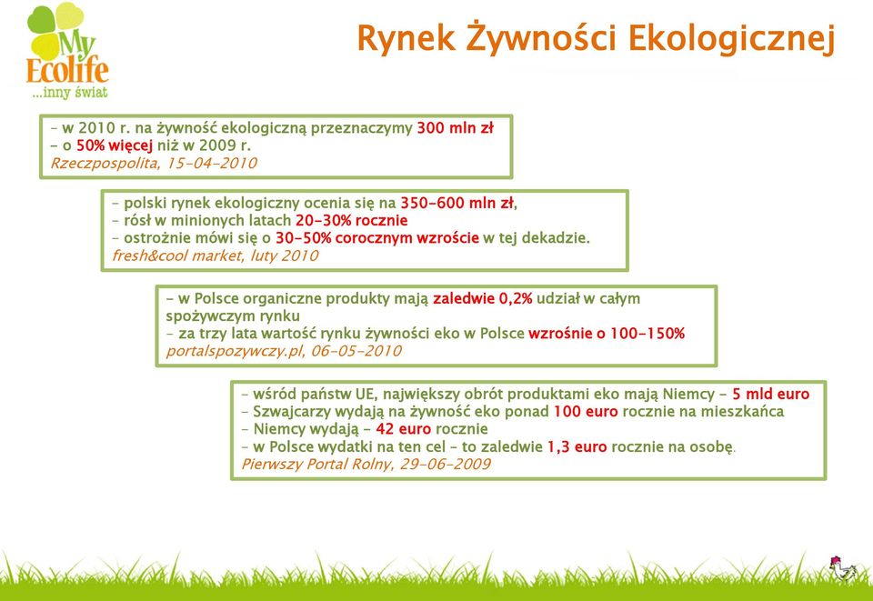 fresh&cool market, luty 2010 - w Polsce organiczne produkty mają zaledwie 0,2% udział w całym spożywczym rynku - za trzy lata wartość rynku żywności eko w Polsce wzrośnie o 100-150% portalspozywczy.