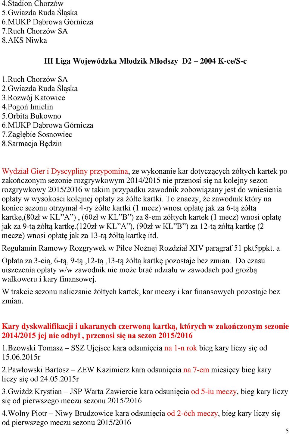 Sarmacja Będzin Wydział Gier i Dyscypliny przypomina, że wykonanie kar dotyczących żółtych kartek po zakończonym sezonie rozgrywkowym 2014/2015 nie przenosi się na kolejny sezon rozgrywkowy 2015/2016