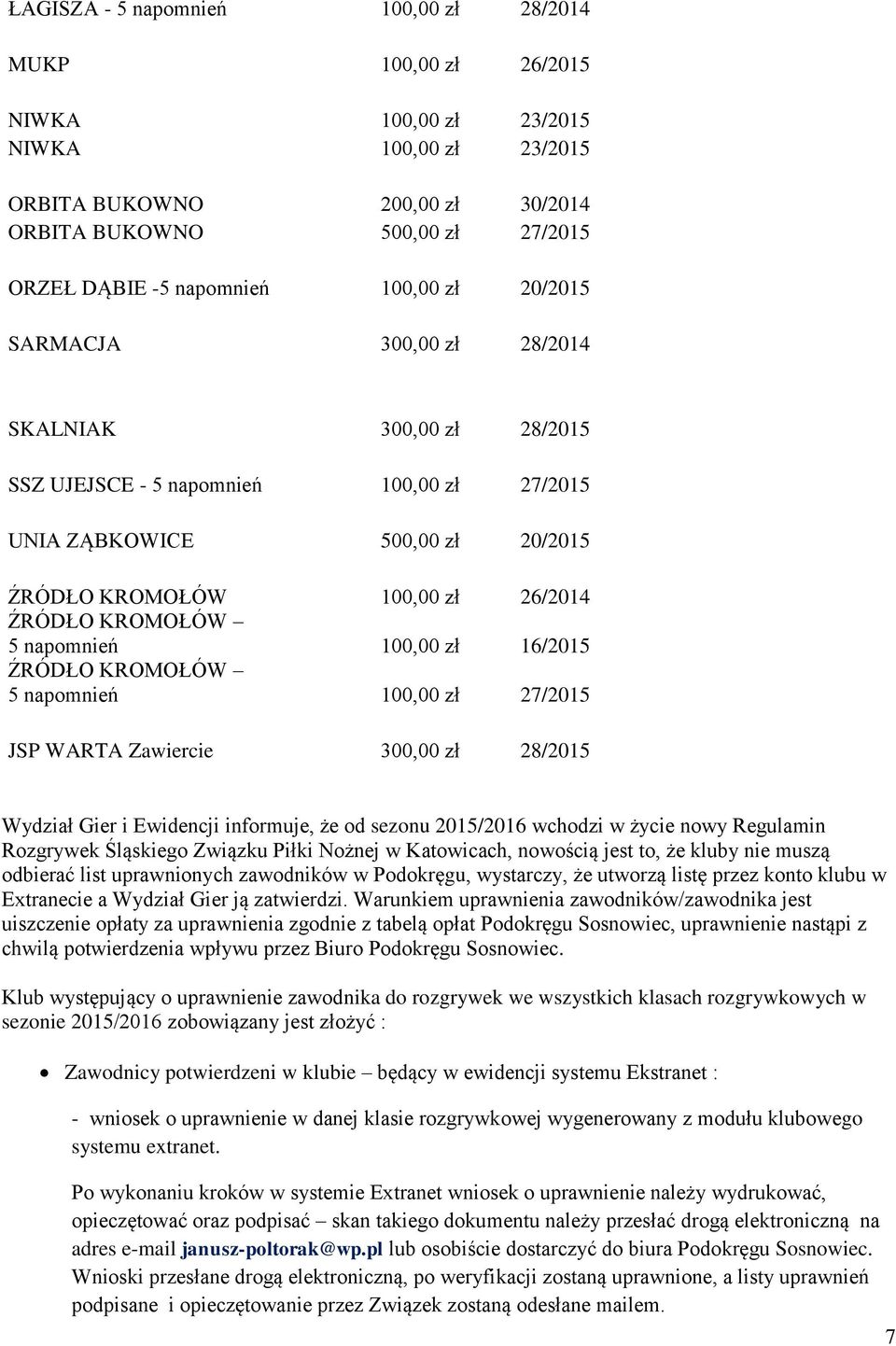 KROMOŁÓW 5 napomnień 100,00 zł 16/2015 ŹRÓDŁO KROMOŁÓW 5 napomnień 100,00 zł 27/2015 JSP WARTA Zawiercie 300,00 zł 28/2015 Wydział Gier i Ewidencji informuje, że od sezonu 2015/2016 wchodzi w życie