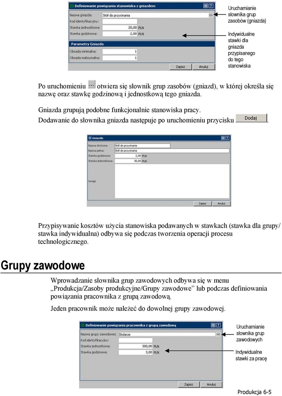 Przypisywanie kosztów użycia stanowiska podawanych w stawkach (stawka dla grupy/ stawka indywidualna) odbywa się podczas tworzenia operacji procesu technologicznego.