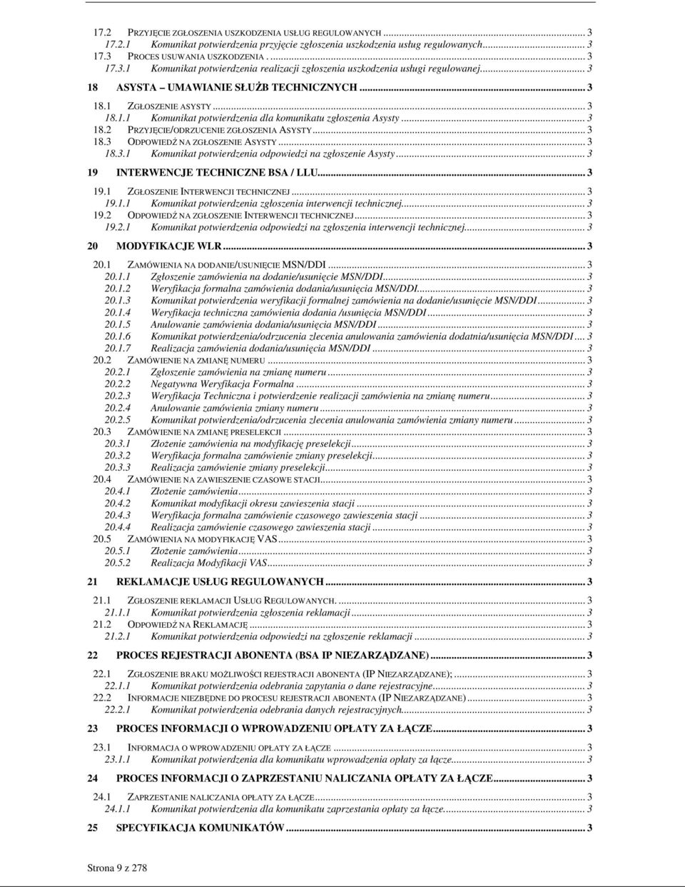 .. 3 18.3.1 Komunikat potwierdzenia odpowiedzi na zgłoszenie Asysty... 3 19 INTERWENCJE TECHNICZNE BSA / LLU... 3 19.1 ZGŁOSZE INTERWENCJI TECHNICZNEJ... 3 19.1.1 Komunikat potwierdzenia zgłoszenia interwencji technicznej.