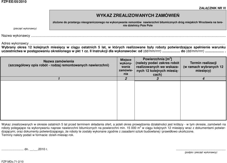 .. Wybrany okres 12 kolejnych miesięcy w ciągu ostatnich 5 lat, w których realizowane były roboty potwierdzające spełnienie warunku uczestnictwa w postępowaniu określonego w pkt 1 cz.