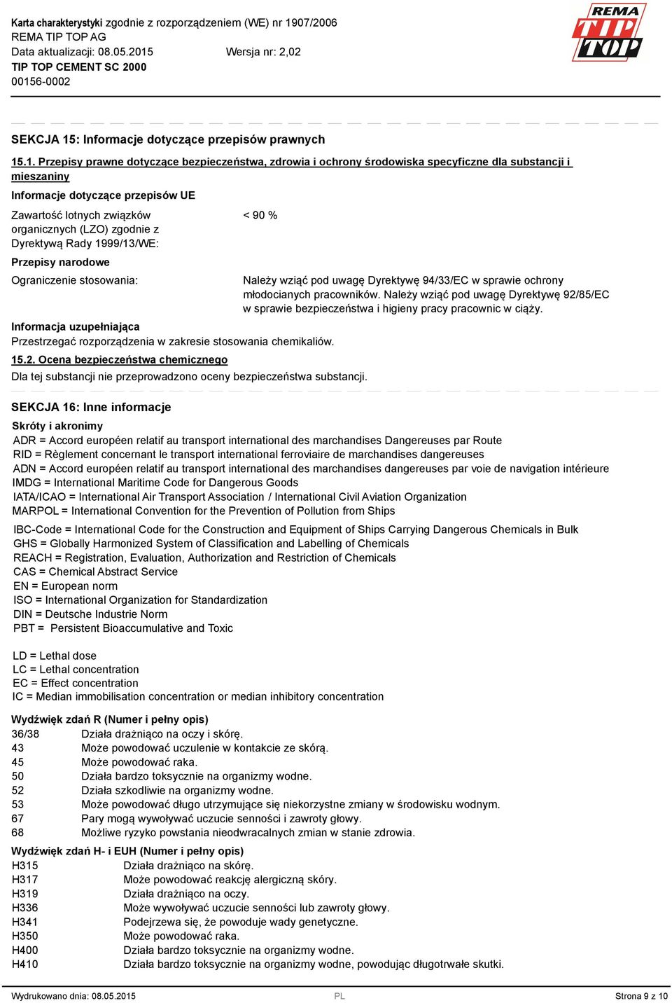 .1. Przepisy prawne dotyczące bezpieczeństwa, zdrowia i ochrony środowiska specyficzne dla substancji i mieszaniny Informacje dotyczące przepisów UE Zawartość lotnych związków organicznych (LZO)