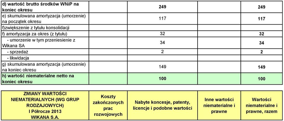 koniec okresu 149 149 h) wartość niematerialne netto na koniec okresu 100 100 ZMIAN