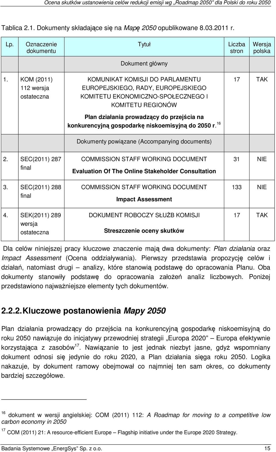 konkurencyjną gospodarkę niskoemisyjną do 2050 r. 16 17 TAK Dokumenty powiązane (Accompanying documents) 2. SEC(2011) 287 final 3. SEC(2011) 288 final 4.