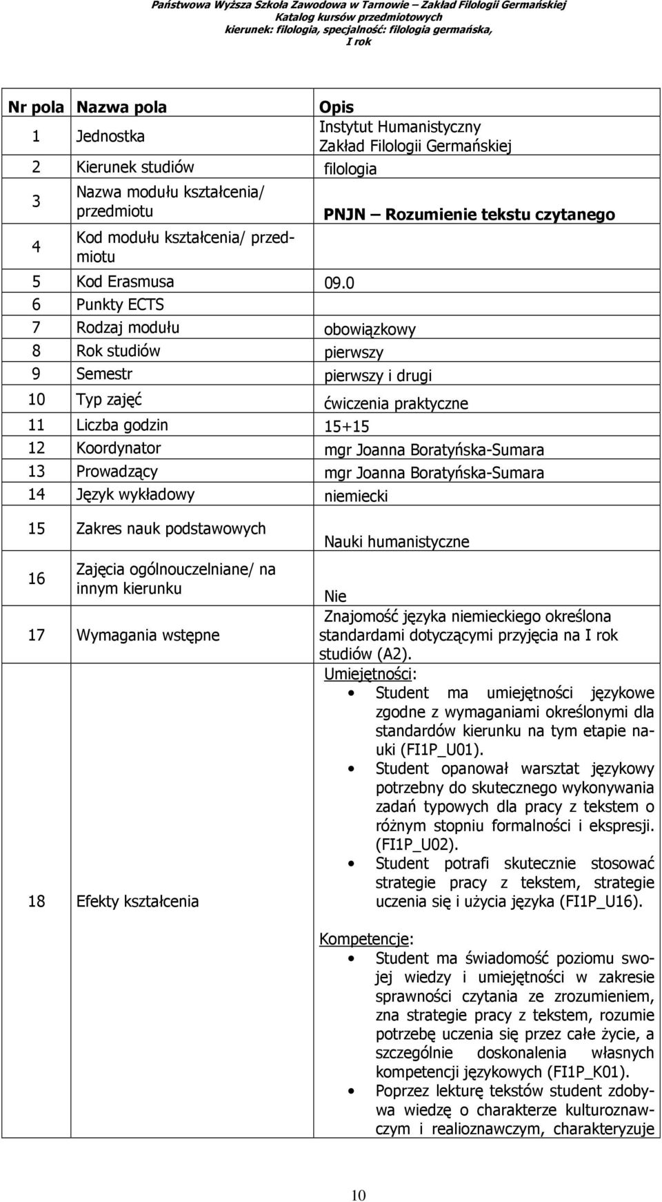 0 6 Punkty ECTS 7 Rodzaj modułu obowiązkowy 8 Rok studiów pierwszy 9 Semestr pierwszy i drugi 10 Typ zajęć ćwiczenia praktyczne PNJN Rozumienie tekstu czytanego 11 Liczba godzin 15+15 12 Koordynator