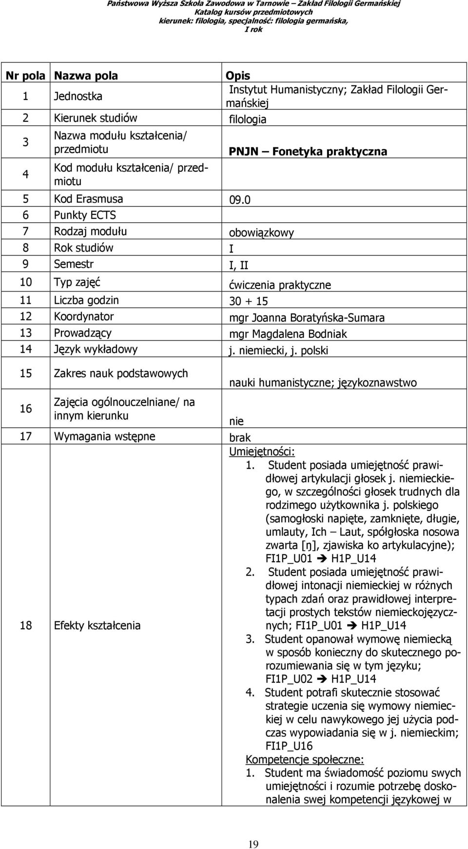 0 6 Punkty ECTS 7 Rodzaj modułu obowiązkowy 8 Rok studiów I 9 Semestr I, II PNJN Fonetyka praktyczna 10 Typ zajęć ćwiczenia praktyczne 11 Liczba godzin 30 + 15 12 Koordynator mgr Joanna