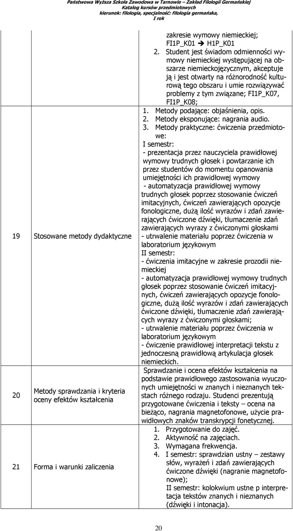 związane; FI1P_K07, FI1P_K08; 1. Metody podające: objaśnienia, opis. 2. Metody eksponujące: nagrania audio. 3.