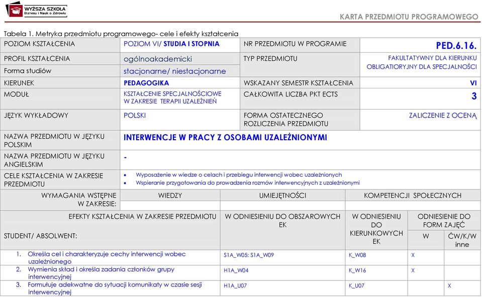 VI MODUŁ KSZTAŁCENIE SPECJALNOŚCIOWE W ZAKRESIE TERAPII UZALEŻNIEŃ JĘZYK WYKŁADOWY POLSKI FORMA OSTATECZNEGO ROZLICZENIA PRZEDMIOTU NAZWA PRZEDMIOTU W JĘZYKU POLSKIM NAZWA PRZEDMIOTU W JĘZYKU