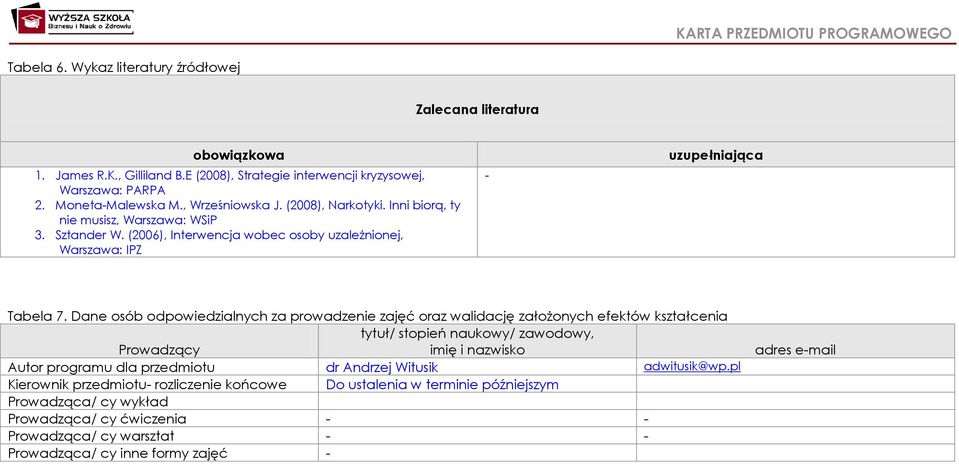 Dane osób odpowiedzialnych za prowadzenie zajęć oraz walidację założonych efektów kształcenia tytuł/ stopień naukowy/ zawodowy, Prowadzący imię i nazwisko Autor programu dla przedmiotu dr