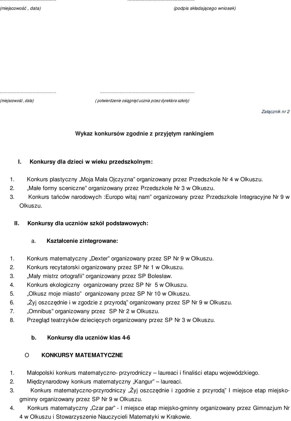 3. Konkurs tańców narodowych :Europo witaj nam organizowany przez Przedszkole Integracyjne Nr 9 w lkuszu. II. Konkursy dla uczniów szkół podstawowych: a. Kształcenie zintegrowane: 1.