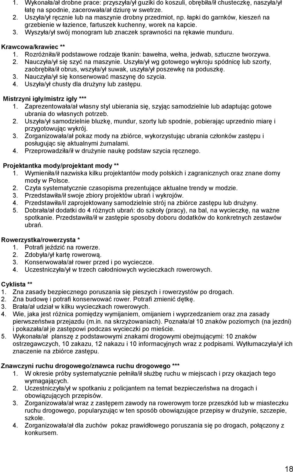 Wyszyła/ył swój monogram lub znaczek sprawności na rękawie munduru. Krawcowa/krawiec ** 1. Rozróżniła/ił podstawowe rodzaje tkanin: bawełna, wełna, jedwab, sztuczne tworzywa. 2.