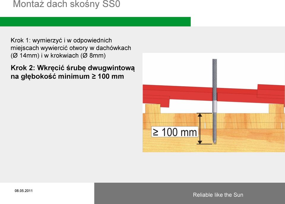 dachówkach (Ø 14mm) i w krokwiach (Ø 8mm) Krok