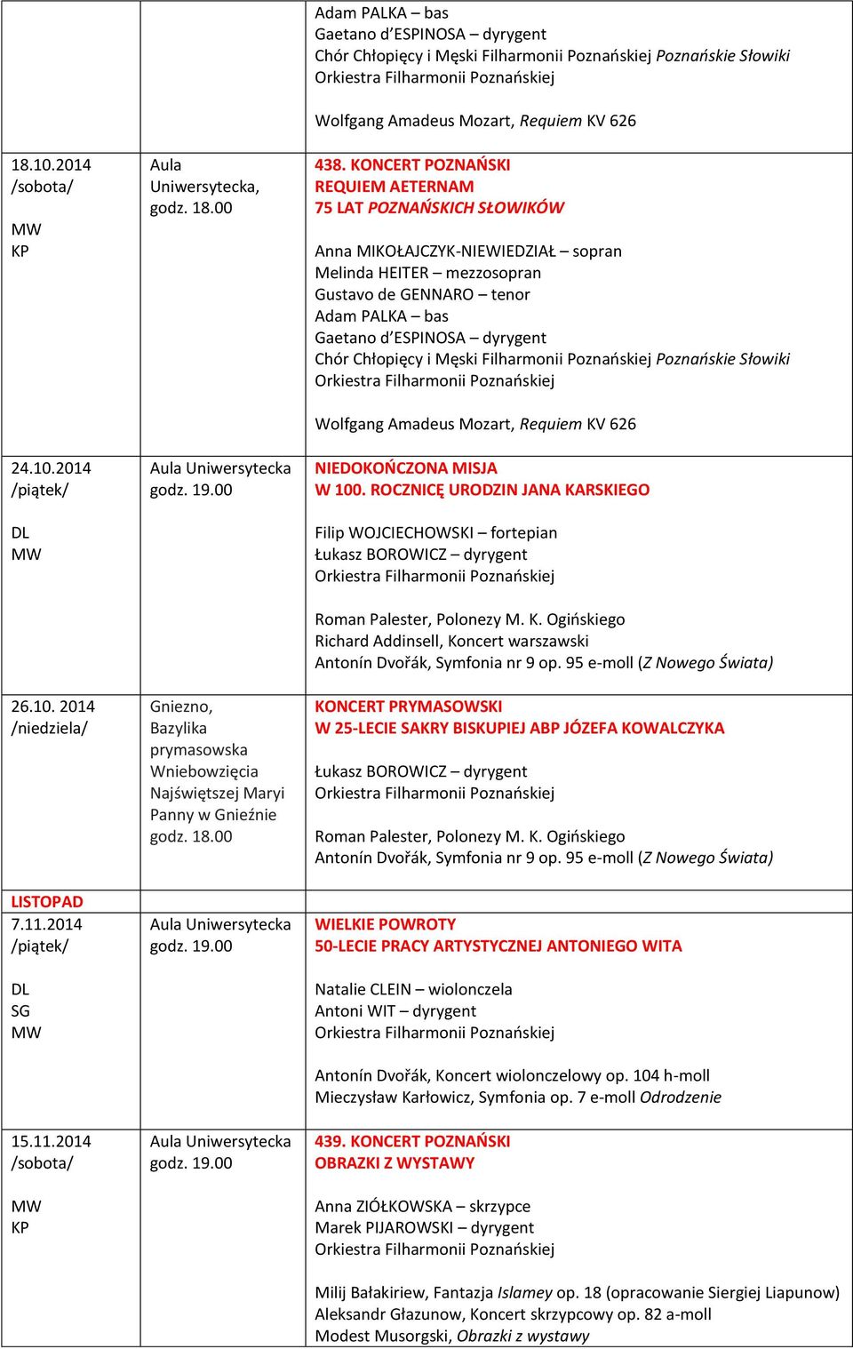 2014 Aula Uniwersytecka, Gniezno, Bazylika prymasowska Wniebowzięcia Najświętszej Maryi Panny w Gnieźnie Adam PALKA bas Gaetano d ESPINOSA dyrygent Wolfgang Amadeus Mozart, Requiem KV 626 438.