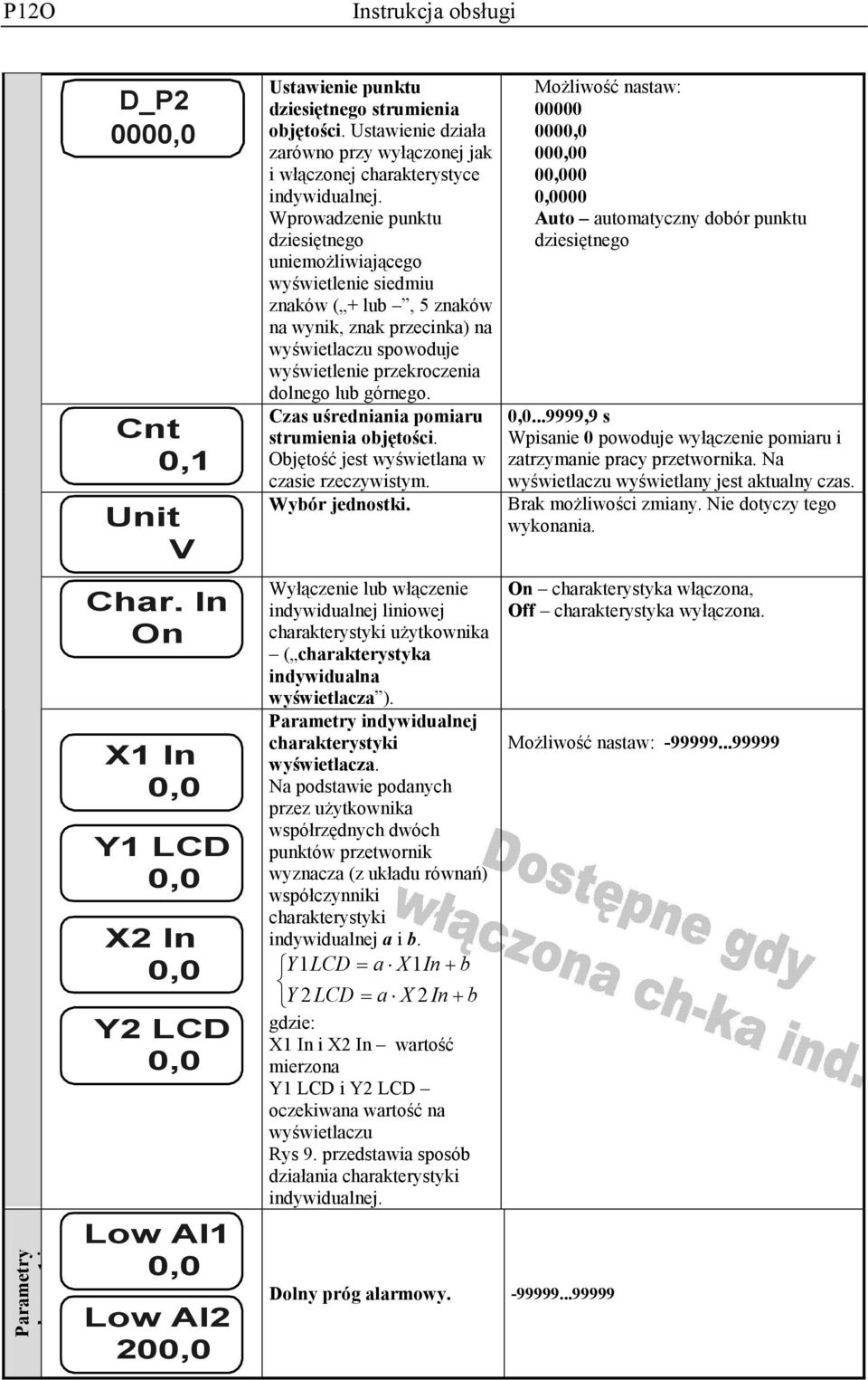 Wprowadzenie punktu dziesiętnego uniemożliwiającego wyświetlenie siedmiu znaków ( + lub, 5 znaków na wynik, znak przecinka) na wyświetlaczu spowoduje wyświetlenie przekroczenia dolnego lub górnego.