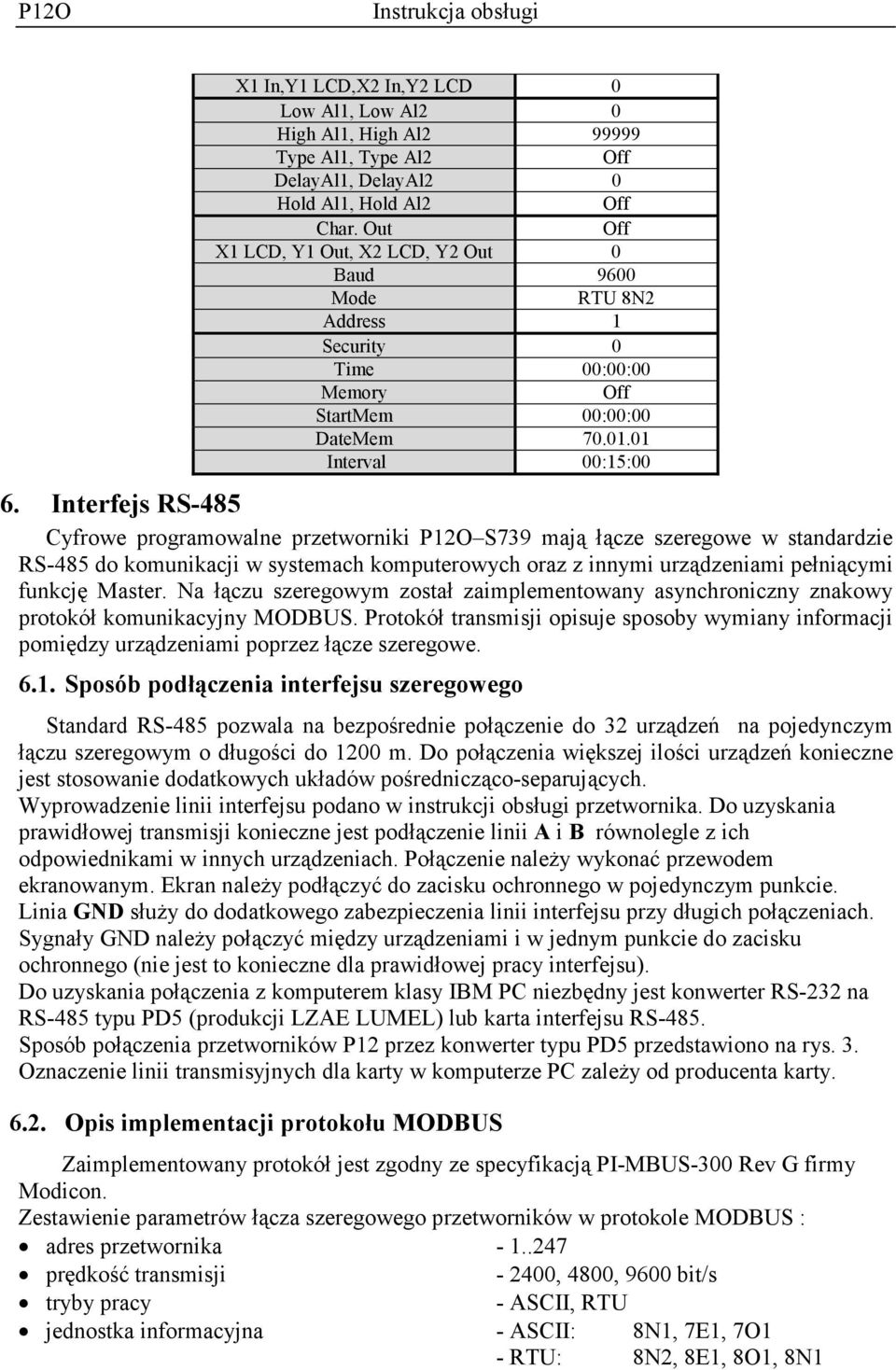 Interfejs RS-485 Cyfrowe programowalne przetworniki P12O S739 mają łącze szeregowe w standardzie RS-485 do komunikacji w systemach komputerowych oraz z innymi urządzeniami pełniącymi funkcję Master.