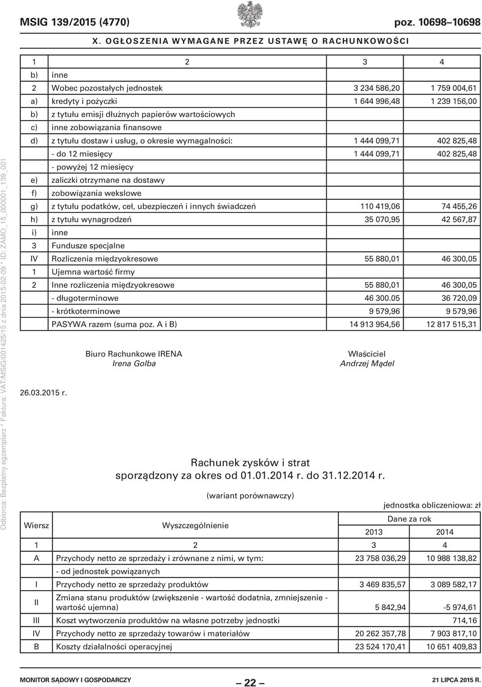 zobowiązania finansowe d) z tytułu dostaw i usług, o okresie wymagalności: 1 444 099,71 402 825,48 - do 12 miesięcy 1 444 099,71 402 825,48 - powyżej 12 miesięcy e) zaliczki otrzymane na dostawy f)