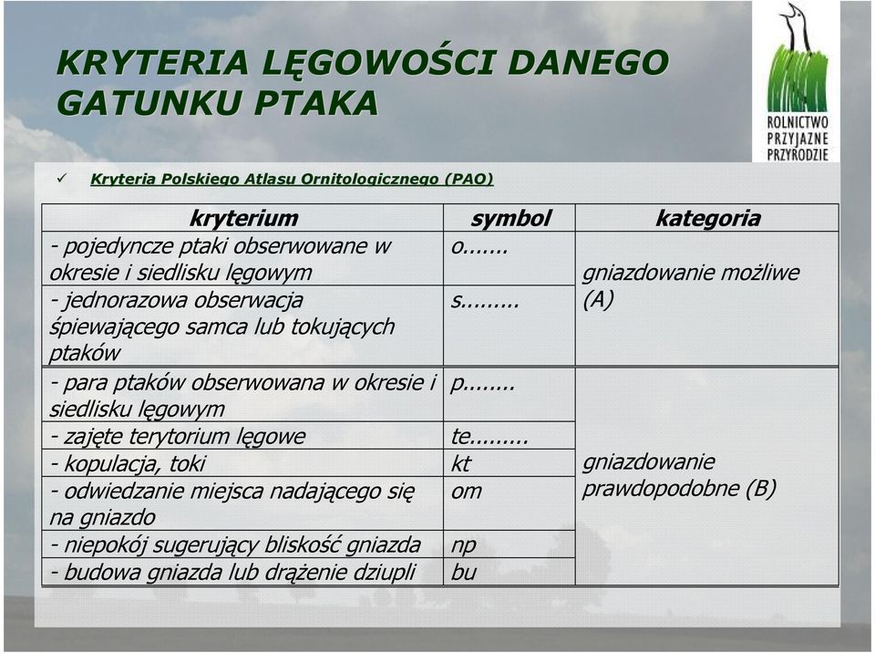 .. gniazdowanie moŝliwe (A) śpiewającego samca lub tokujących ptaków - para ptaków obserwowana w okresie i p.