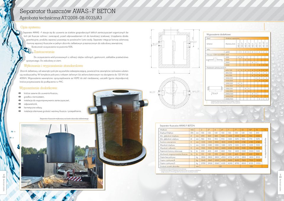 Separator integruje komorę szlamową i komorę separacji tłuszczów w jednym zbiorniku żelbetowym przeznaczonym do zabudowy zewnętrznej. Skuteczność oczyszczania na poziomie 92%.