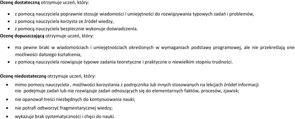 Ocenę dopuszczającą otrzymuje uczeń, który: ma pewne braki w wiadomościach i umiejętnościach określonych w wymaganiach podstawy programowej, ale nie przekreślają one możliwości dalszego kształcenia,