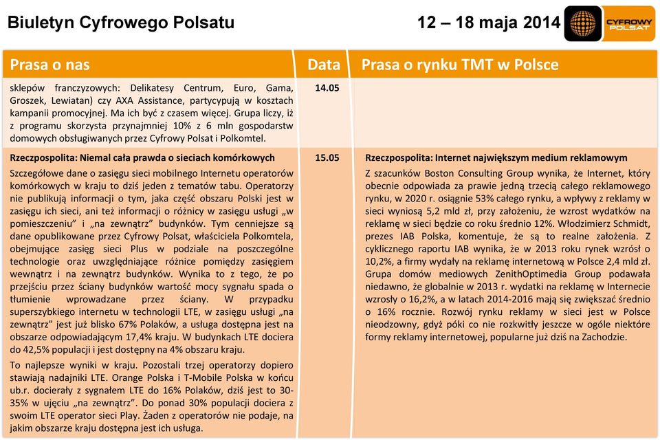 Rzeczpospolita: Niemal cała prawda o sieciach komórkowych Szczegółowe dane o zasięgu sieci mobilnego Internetu operatorów komórkowych w kraju to dziś jeden z tematów tabu.