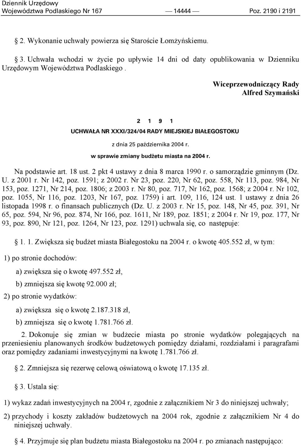 Wiceprzewodniczący Rady Alfred Szymański 2 1 9 1 UCHWAŁA NR XXXI/324/04 RADY MIEJSKIEJ BIAŁEGOSTOKU w sprawie zmiany budżetu miasta na 2004 r. Na podstawie art. 18 ust.