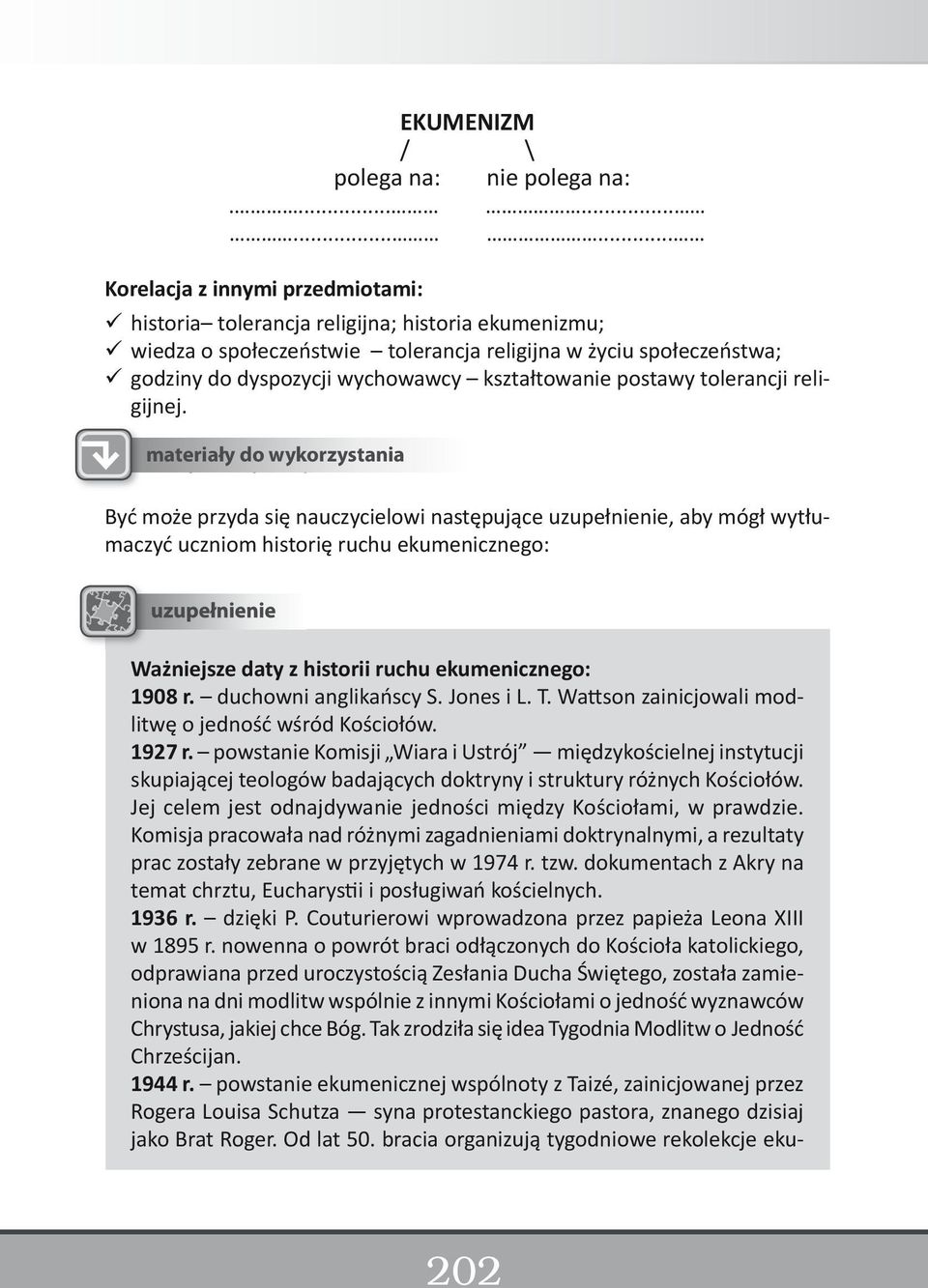 kształtowanie postawy tolerancji religijnej. Ważniejsze daty z historii ruchu ekumenicznego: 1908 r. duchowni anglikańscy S. Jones i L. T. Wattson zainicjowali modlitwę o jedność wśród Kościołów.