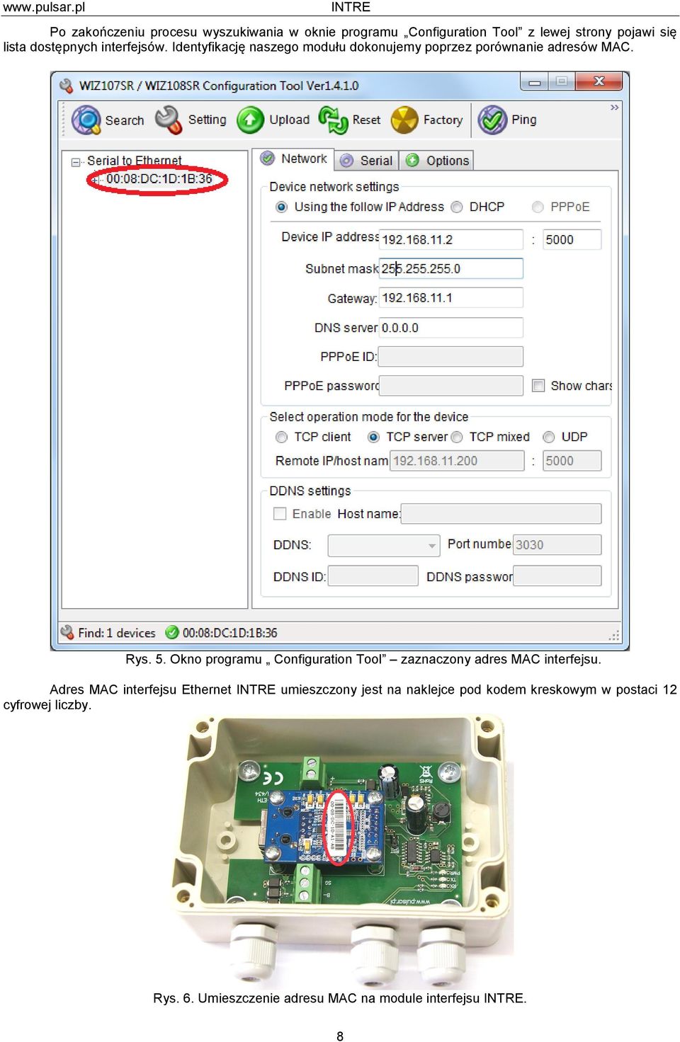 Okno programu Configuration Tool zaznaczony adres MAC interfejsu.