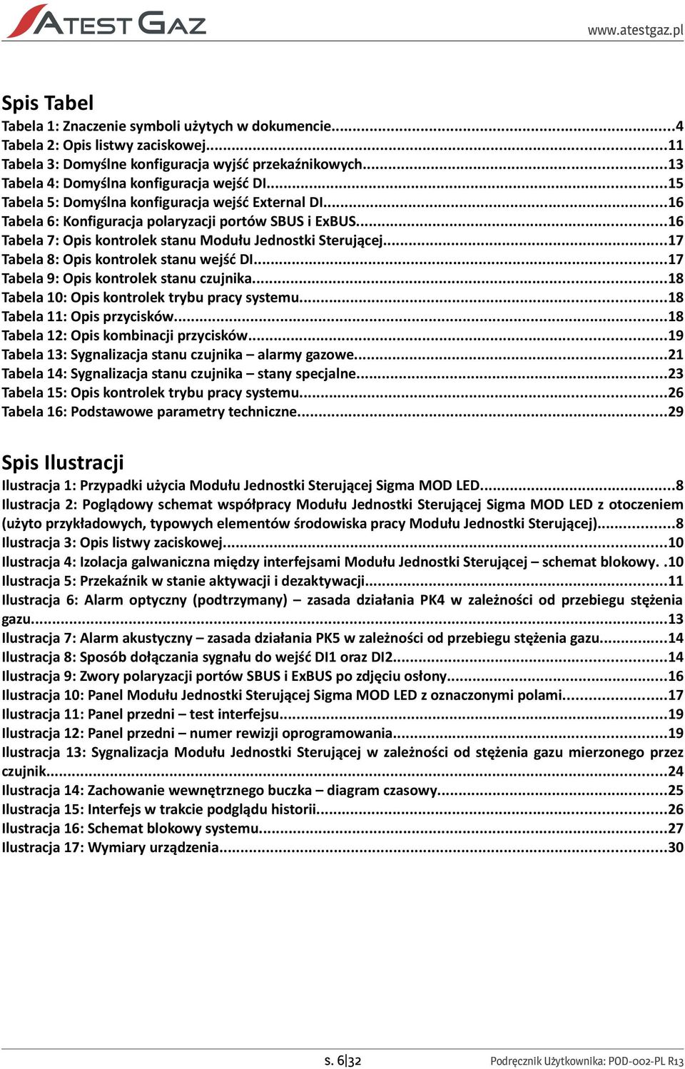 ..17 Tabela 8: Opis kontrolek stanu wejść DI...17 Tabela 9: Opis kontrolek stanu czujnika...18 Tabela 10: Opis kontrolek trybu pracy systemu...18 Tabela 11: Opis przycisków.