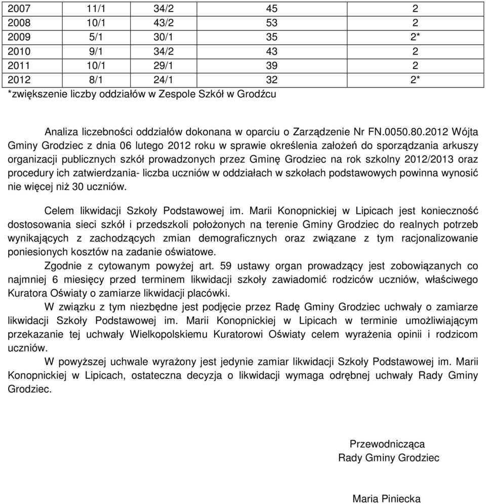 2012 Wójta Gminy Grodziec z dnia 06 lutego 2012 roku w sprawie określenia załoŝeń do sporządzania arkuszy organizacji publicznych szkół prowadzonych przez Gminę Grodziec na rok szkolny 2012/2013 oraz