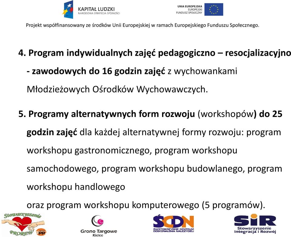 Programy alternatywnych form rozwoju(workshopów) do 25 godzin zajęćdla każdej alternatywnej formy rozwoju: