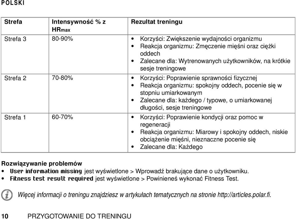 typowe, o umiarkowanej długości, sesje treningowe Strefa 1 60-70% Korzyści: Poprawienie kondycji oraz pomoc w regeneracji Reakcja organizmu: Miarowy i spokojny oddech, niskie obciążenie mięśni,