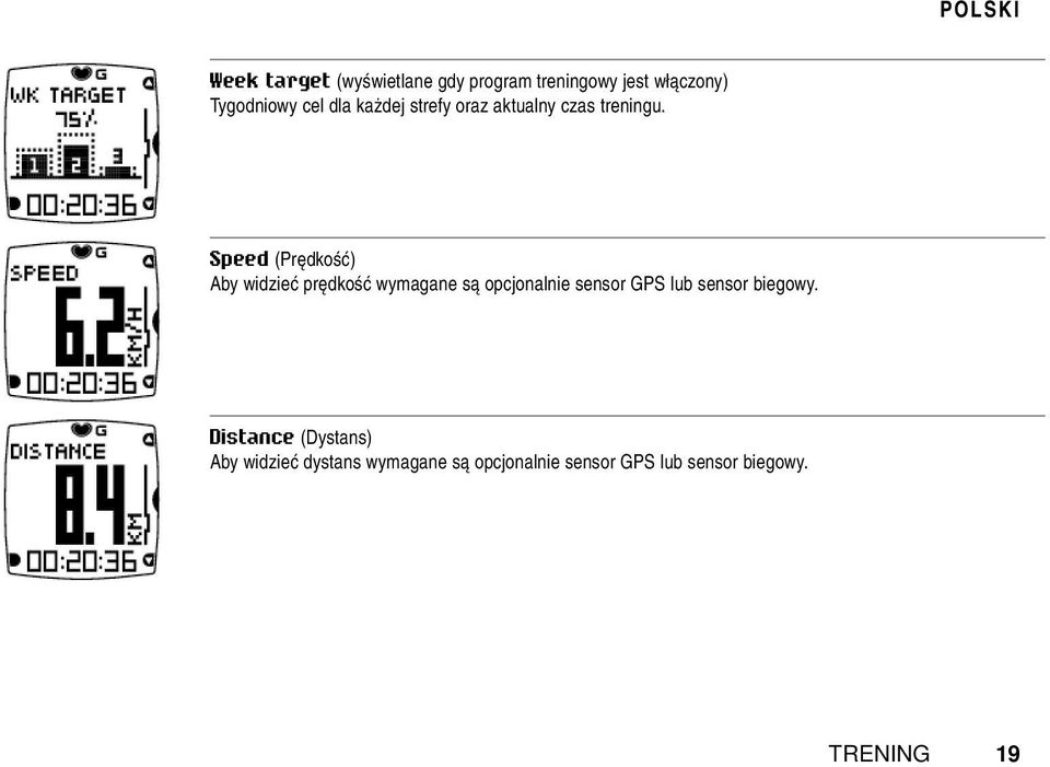 Speed (Prędkość) Aby widzieć prędkość wymagane są opcjonalnie sensor GPS lub