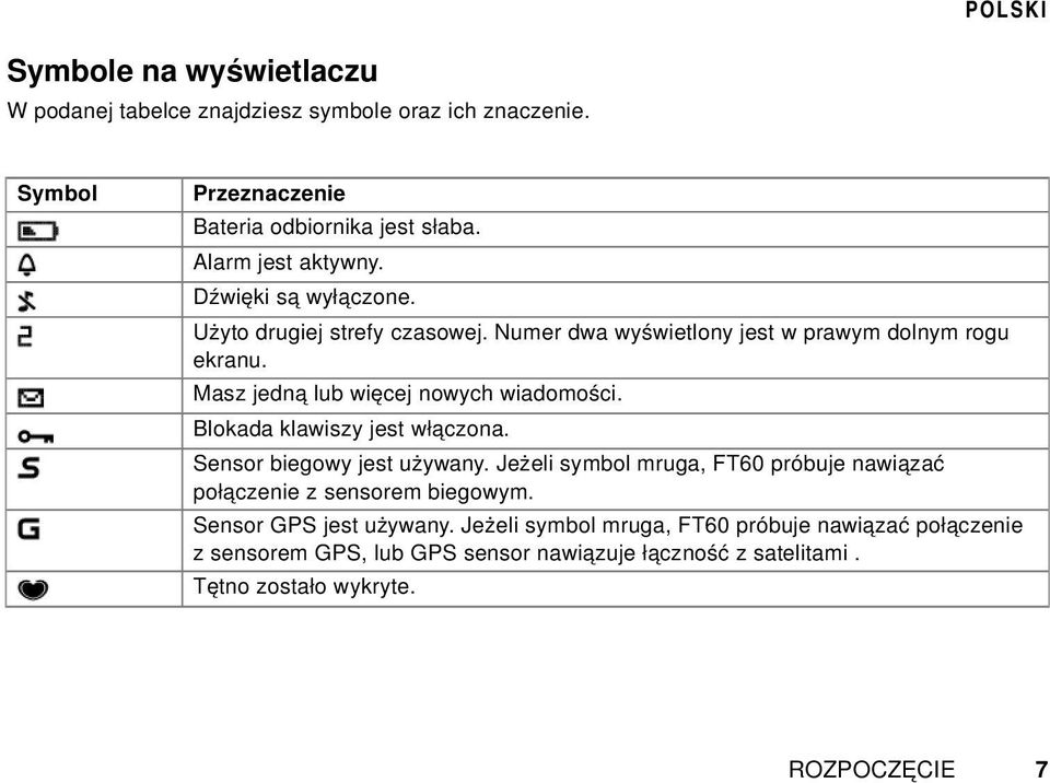 Blokada klawiszy jest włączona. Sensor biegowy jest używany. Jeżeli symbol mruga, FT60 próbuje nawiązać połączenie z sensorem biegowym.