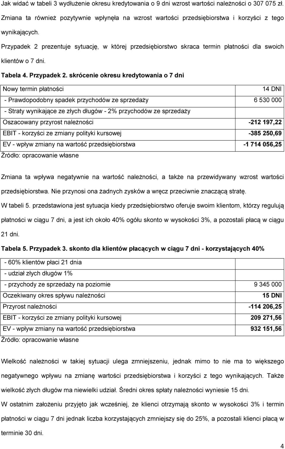 Przypadek 2 prezentuje sytuację, w której przedsiębiorstwo skraca termin płatności dla swoich klientów o 7 dni. Tabela 4. Przypadek 2.