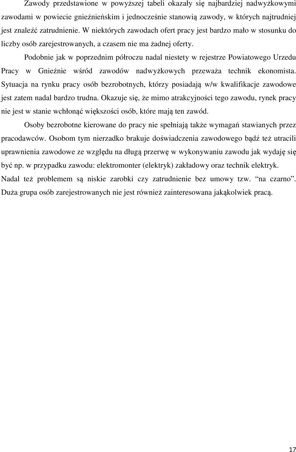 Podobnie jak w poprzednim półroczu nadal niestety w rejestrze Powiatowego Urzedu Pracy w Gnieźnie wśród zawodów nadwyżkowych przeważa technik ekonomista.