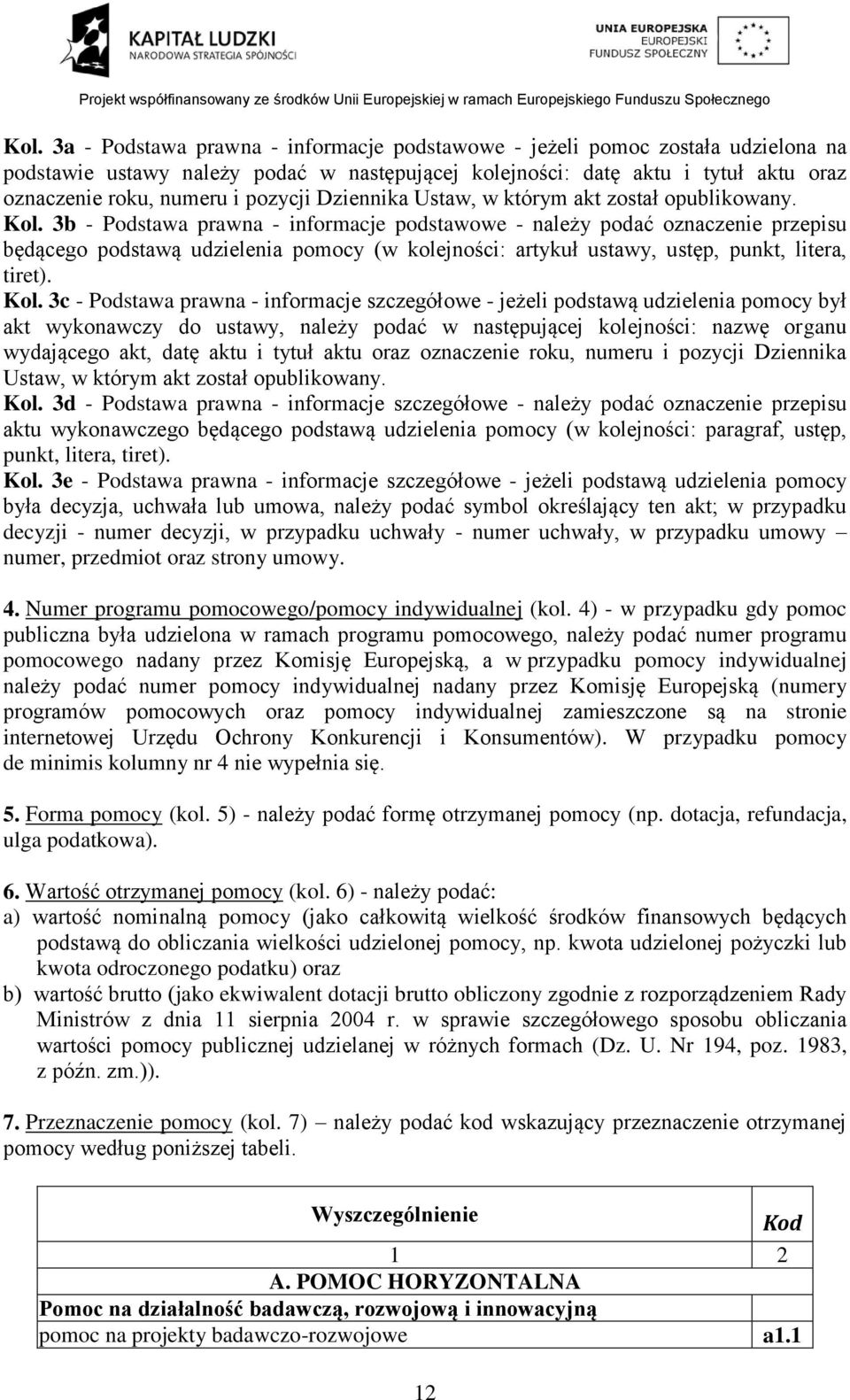 3b - Podstawa prawna - informacje podstawowe - należy podać oznacze przepisu będącego podstawą udzielenia pomocy (w kolejności: artykuł ustawy, ustęp, punkt, litera, tiret). Kol.