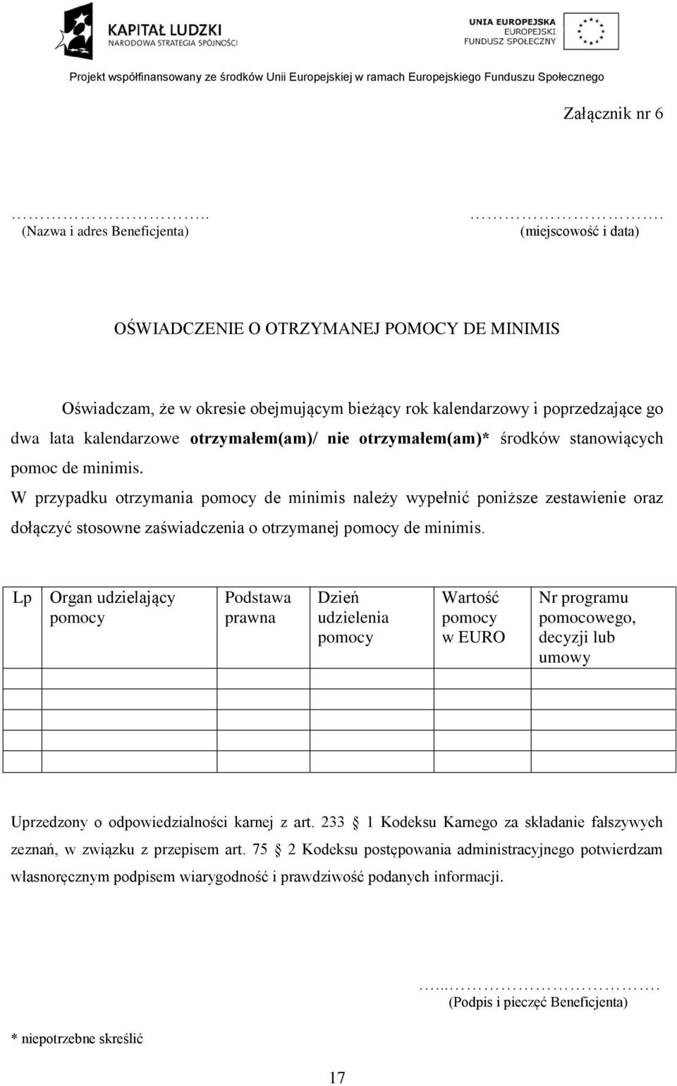 środków stanowiących pomoc de minimis. W przypadku otrzymania pomocy de minimis należy wypełnić poniższe zestawie oraz dołączyć stosowne zaświadczenia o otrzymanej pomocy de minimis.