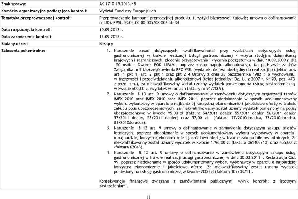 Naruszenie zasad dotyczących kwalifikowalności przy wydatkach dotyczących usługi gastronomicznej w trakcie realizacji Usługi gastronomicznej wizyta studyjna dziennikarzy krajowych i zagranicznych,