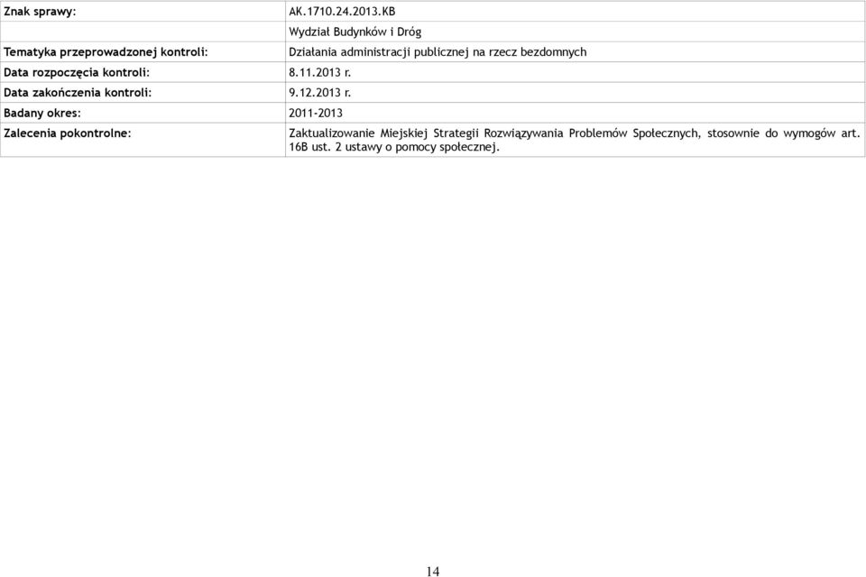 2011-2013 Wydział Budynków i Dróg Działania administracji publicznej na rzecz