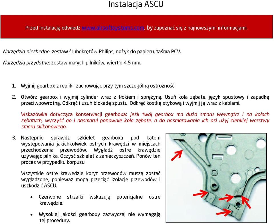 Usuń koła zębate, język spustowy i zapadkę przeciwpowrotną. Odkręć i usuń blokadę spustu. Odkręć kostkę stykową i wyjmij ją wraz z kablami.